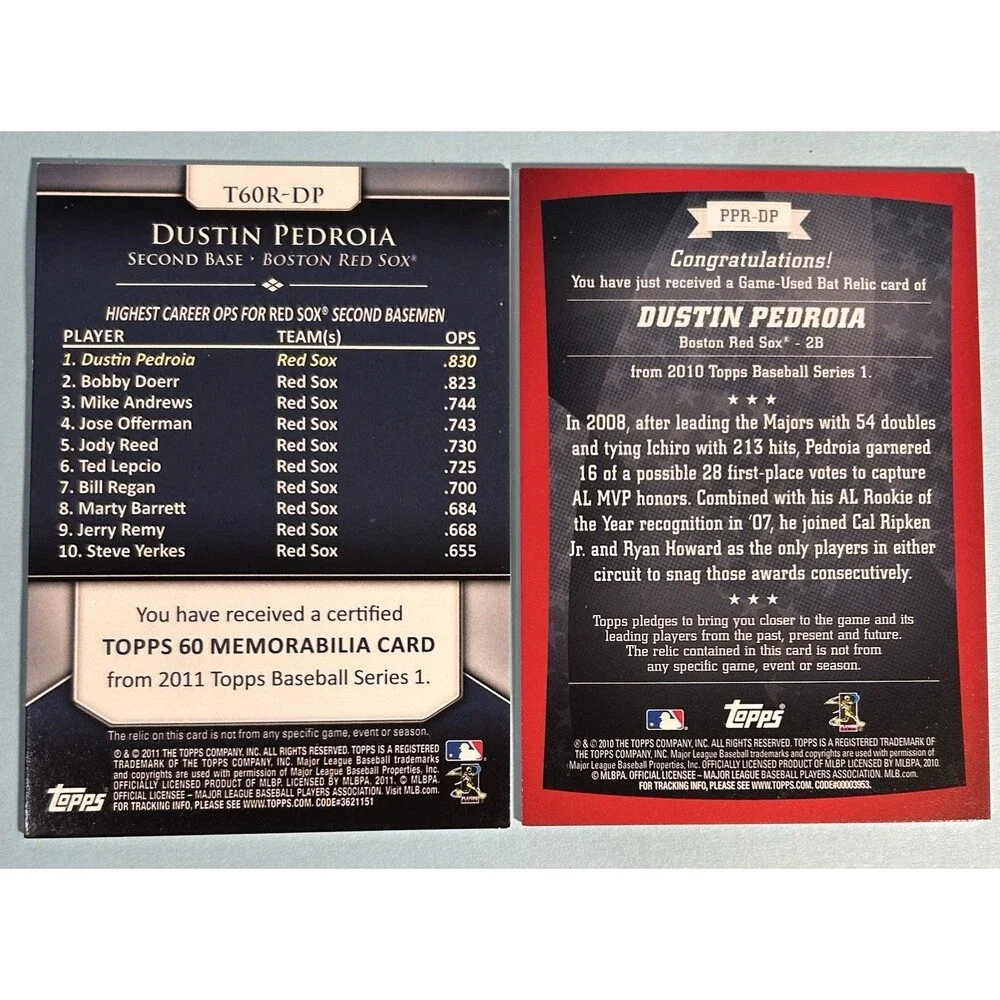 2 Boston Red Sox -Dustin Pedroia GU Cards 2010 & 2011